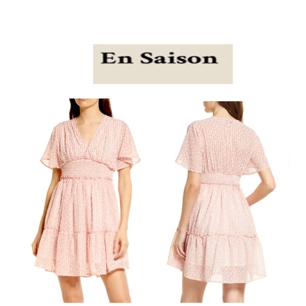 En Saison Caldera Shirred Gingham Vneck Barbie Peach Mini Dress S